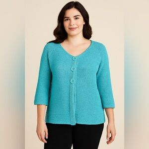 Lulu-B Turquoise Knit Cardigan Sweater Top Large 100%Cotton 3 Button Lightweight